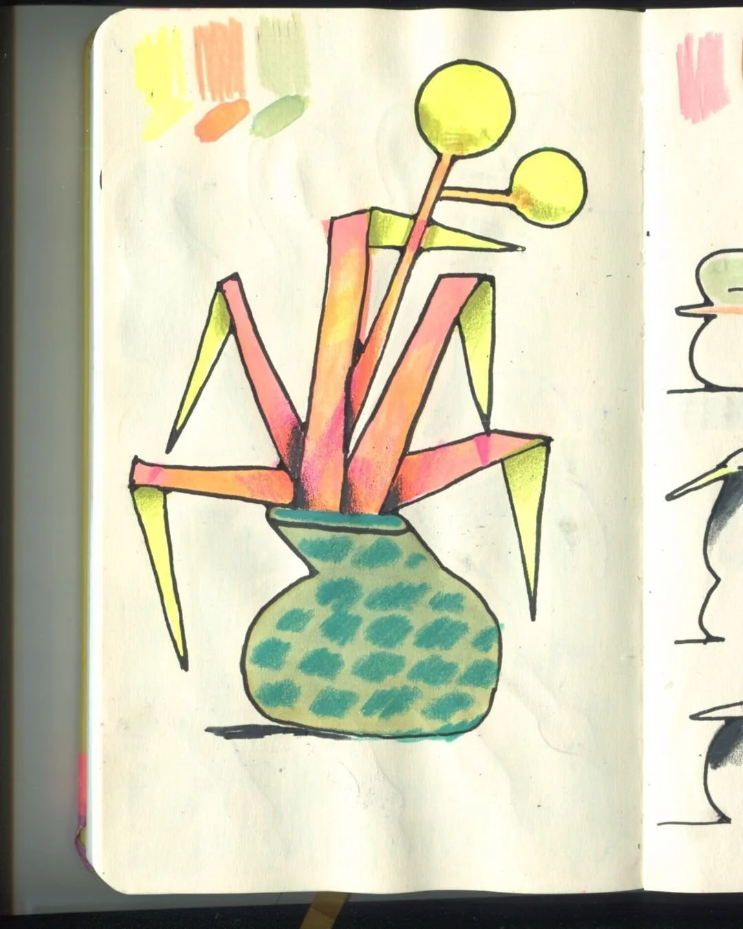 Last spread for the year, happy 2026 :) Some flowers inspired by a print on my wall by Leigh Ellexon and then some ducks moving fast. Then some ephemera and the back cover. Woohoo! 

I start my sketchbooks from the back, so I try to write where and w