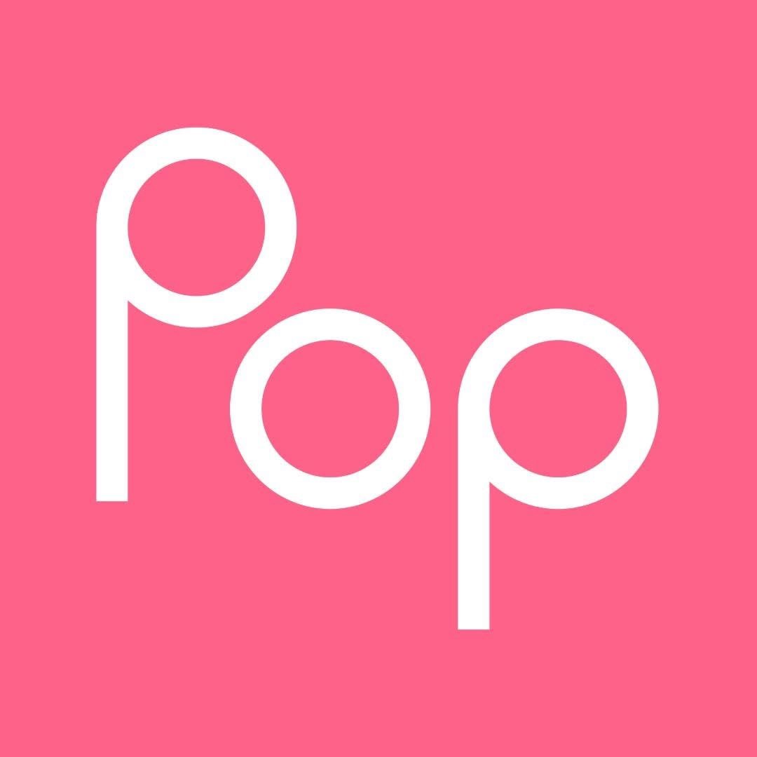 Pink background with the word 'pop' written in white lowercase letters.
