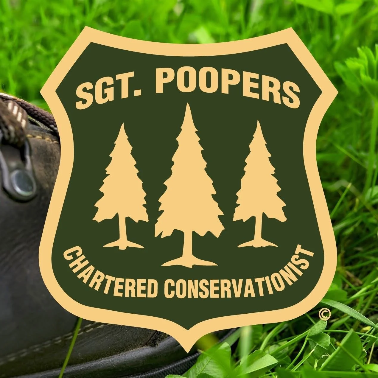 A badge with green and tan colors reading "SGT. POOPERS" and "CHARTERED CONSERVATIONIST" with three pine trees in the center, placed outdoors on grass next to a shoe.