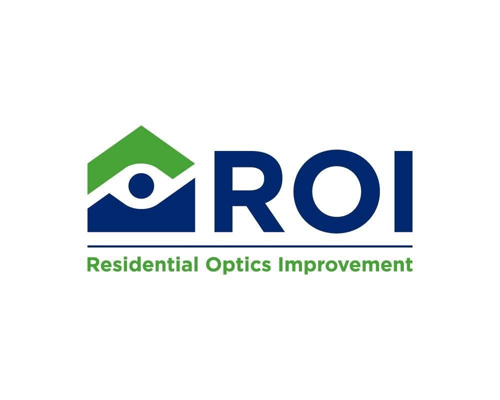 Logo for ROI Residential Optics Improvement, featuring a house icon with a circular element inside, and the text 'ROI' with the slogan 'Residential Optics Improvement' beneath.
