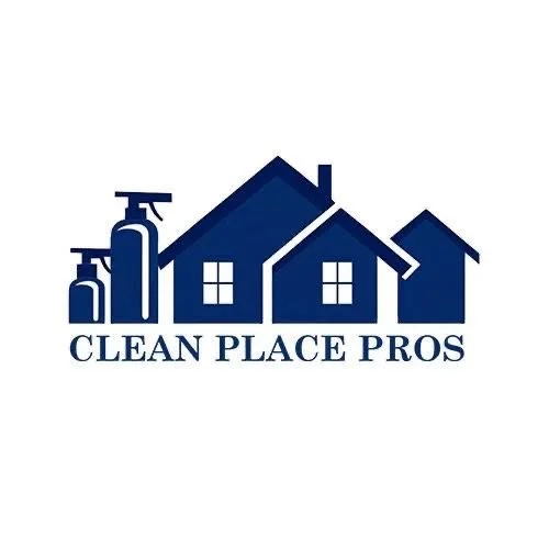 Logo for Clean Place Pros featuring house silhouettes and cleaning bottles.