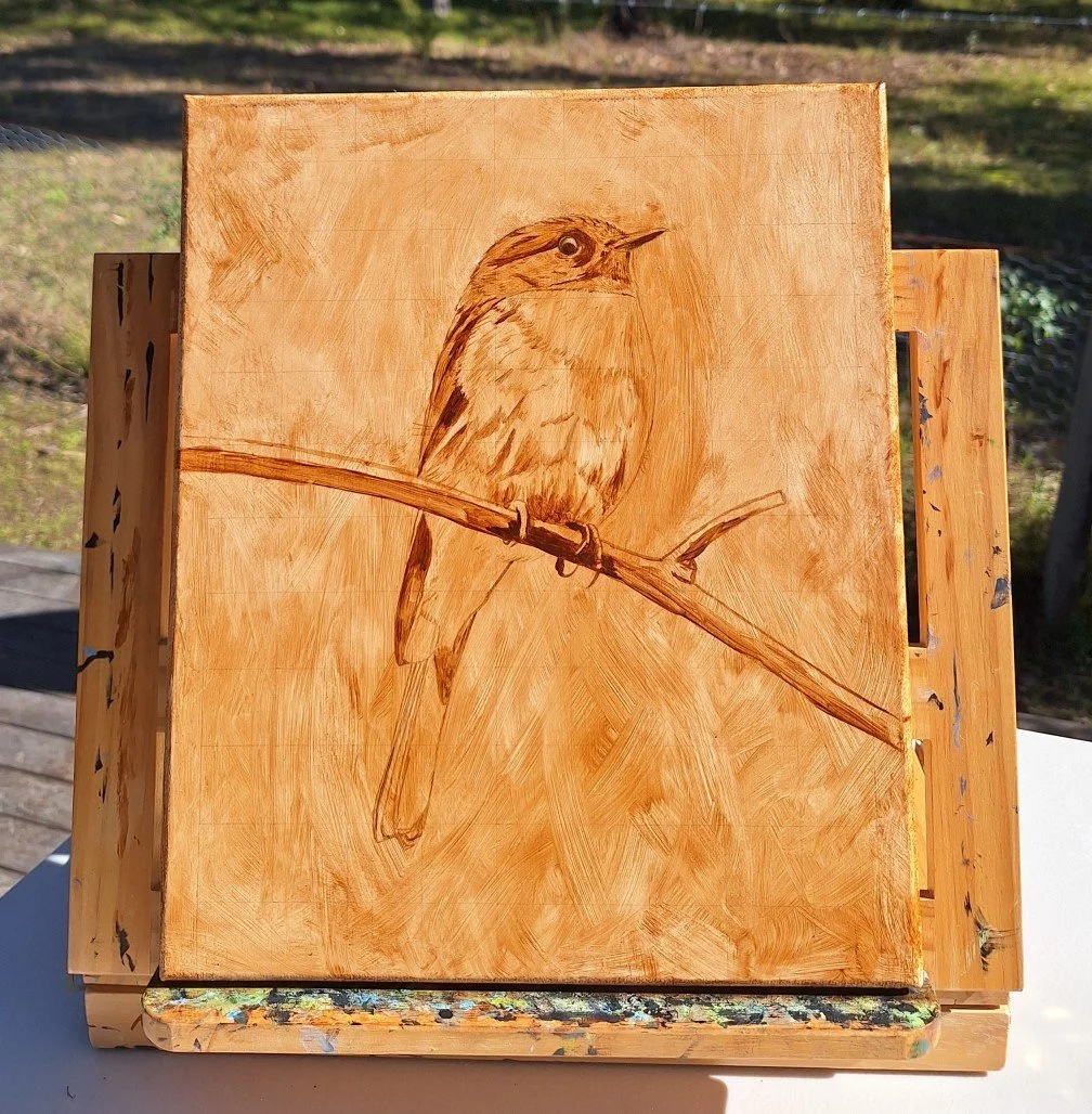 I couldn&rsquo;t resist starting a second painting of the Rose Robin to work alongside the one I&rsquo;m already painting. I saw this male robin in the trees out front of my home and managed to get a great shot with his rose-pink plumage in classic p