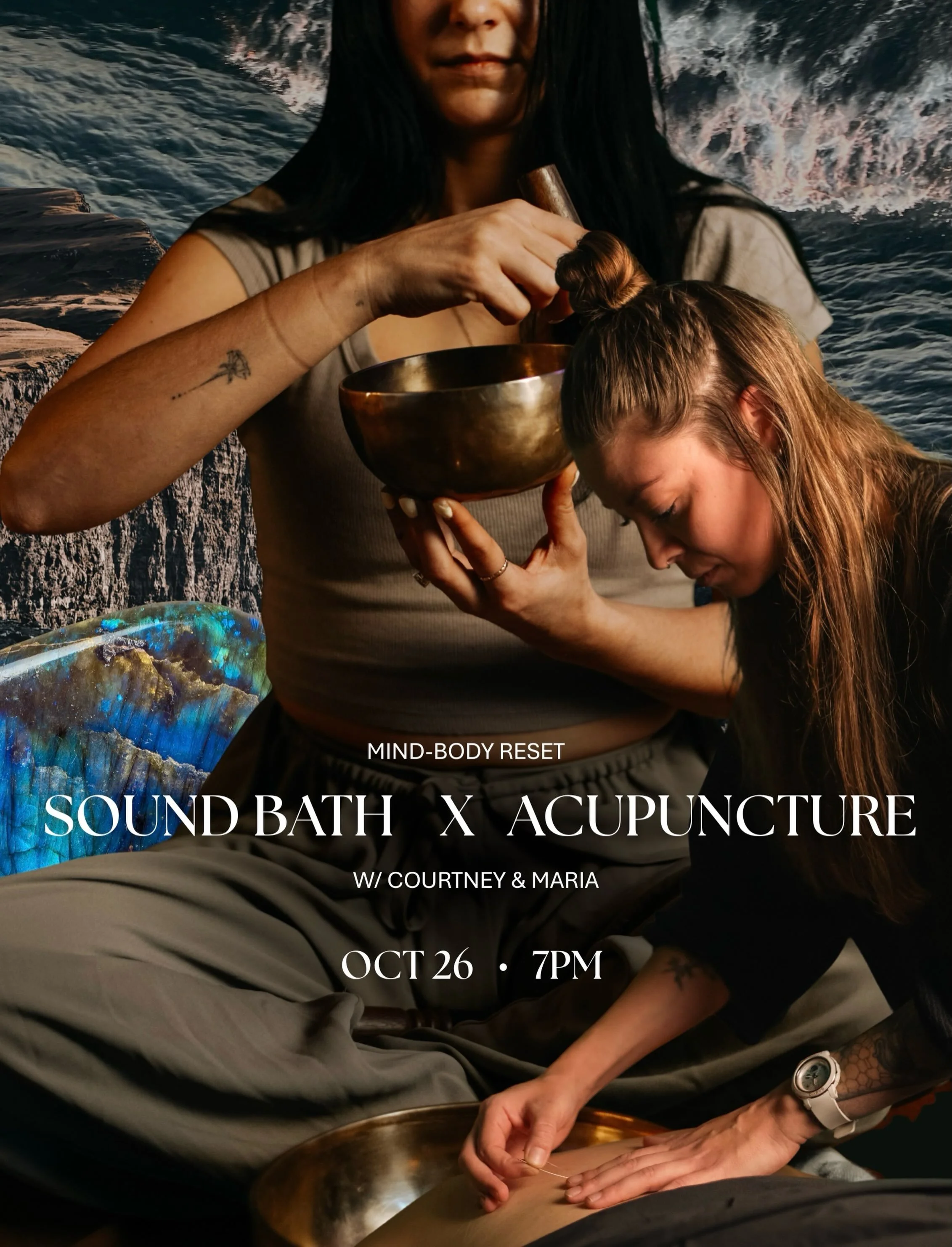 Sound Bath x Acupuncture
OCTOBER 26 @ 7:00 PM

Join Courtney and Maria in creating space this Fall for an immersive mind-body reset &mdash; the powerfully restorative pairing of acupuncture and sound.

Tuning forks. Himalayan singing bowls. Stillness