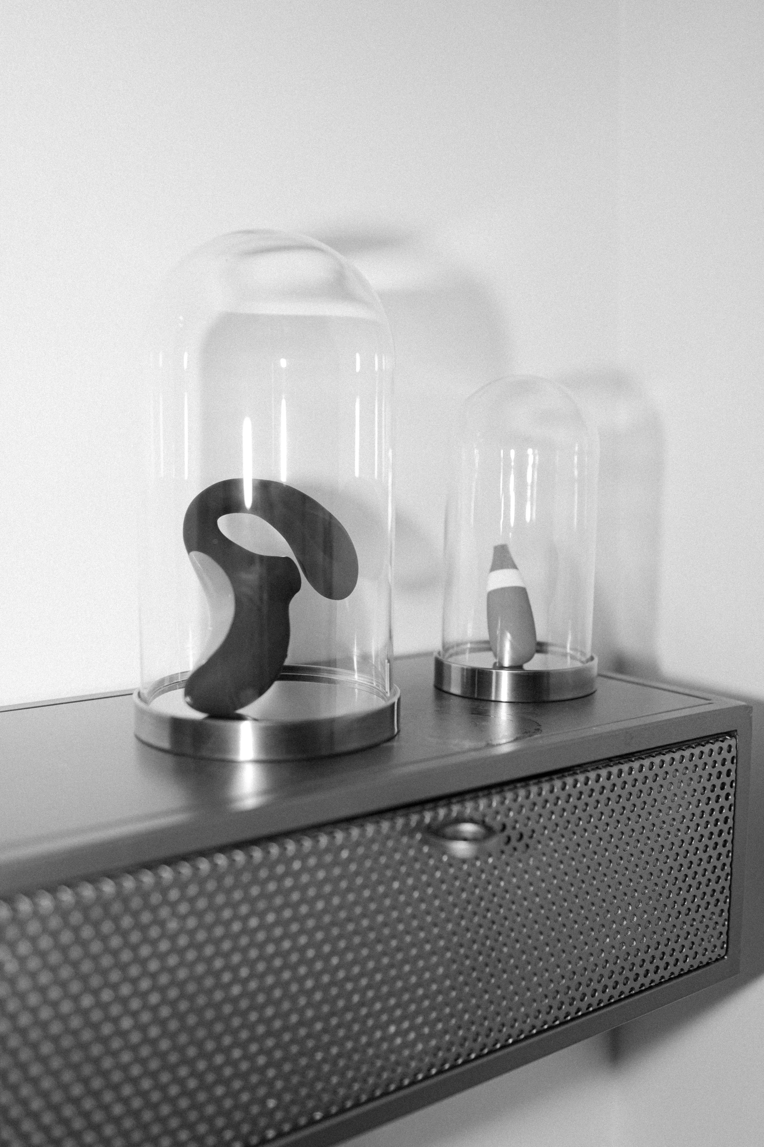 Two transparent glass bell jars containing abstract black and white shapes, placed on a metallic surface with a textured panel, in black and white photography.