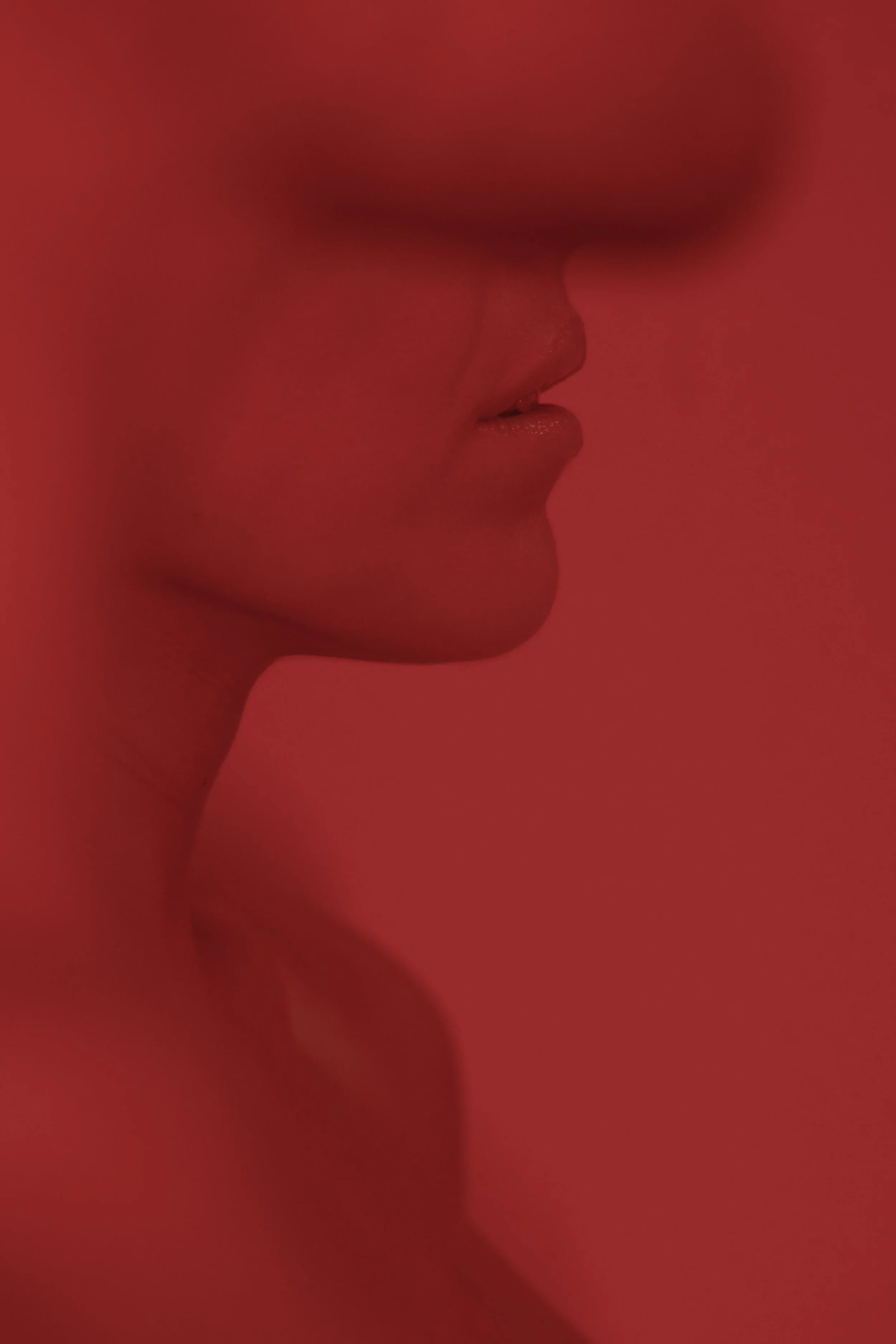 Close-up of a woman's face focusing on her lips and chin, with a blurred background in shades of reddish-brown.