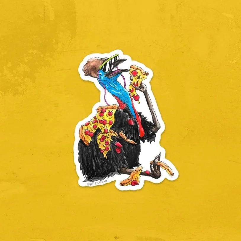 PILAR+BASA_stickers+DPWYF_CASSOWARY_textured+background_YELLOWPACK.jpg