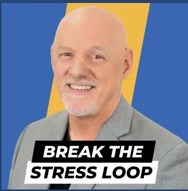 Promotional graphic for a podcast titled 'Break the Stress Loop' featuring Dr. Gary Sprouse with host Damesha Craig and the logo 'Sunday SoulDay'.