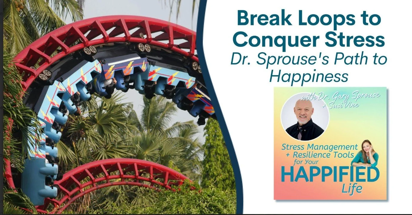 Promotional graphic for a podcast titled 'Break the Stress Loop' featuring Dr. Gary Sprouse with host Damesha Craig and the logo 'Sunday SoulDay'.