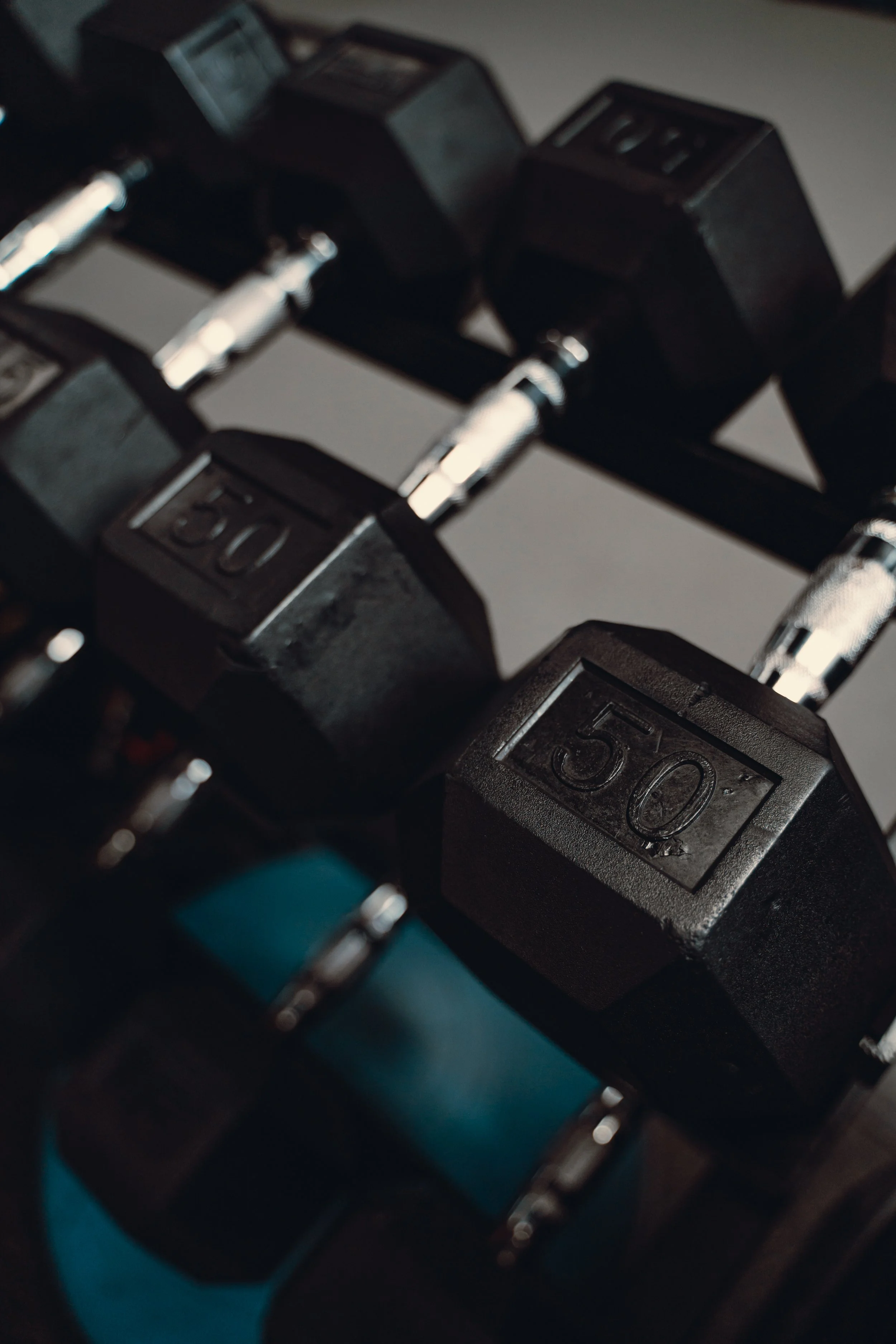 Close-up of black 50-pound dumbbells on a rack.