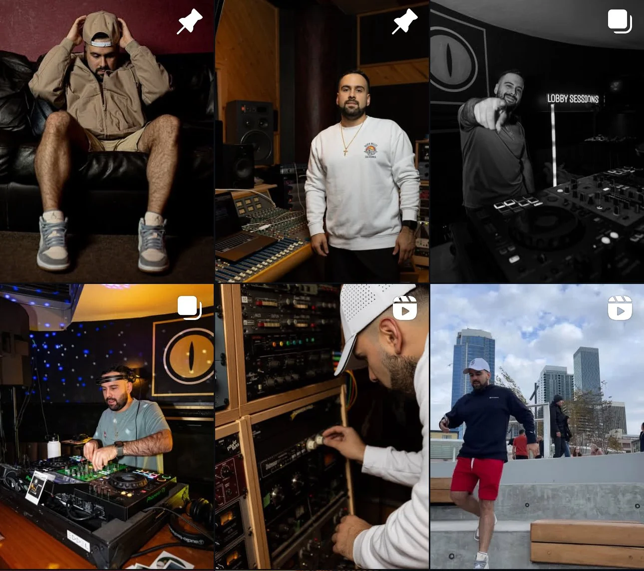 A branding collage highlighting DRIIAN's lifestyle as a music producer and DJ, featuring studio recording sessions and live event performances.