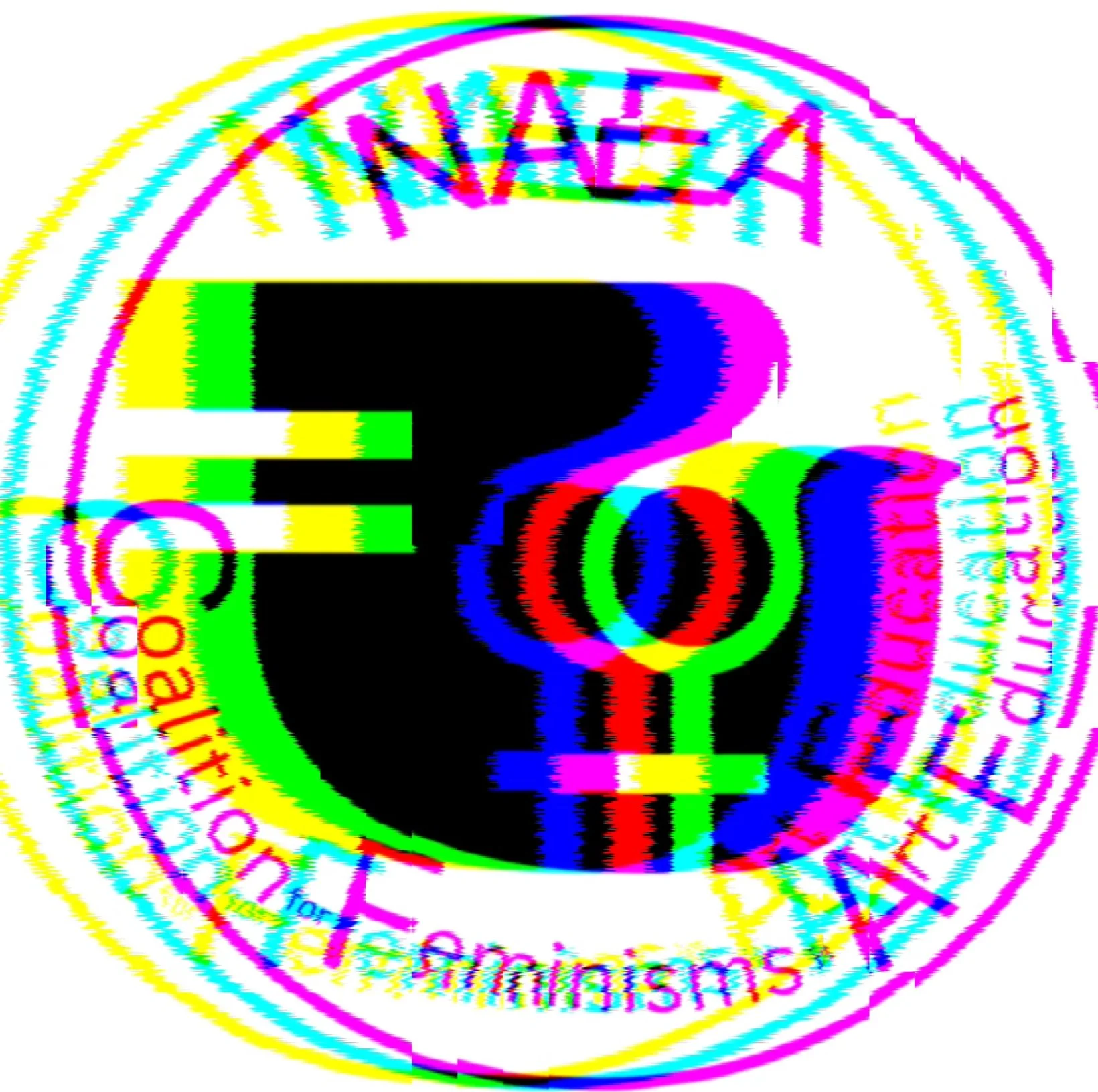 TV screen showing a multi-colored distortion, with a large black number 3 in the center. The background contains overlapping text and circles in bright colors, creating a glitch effect.