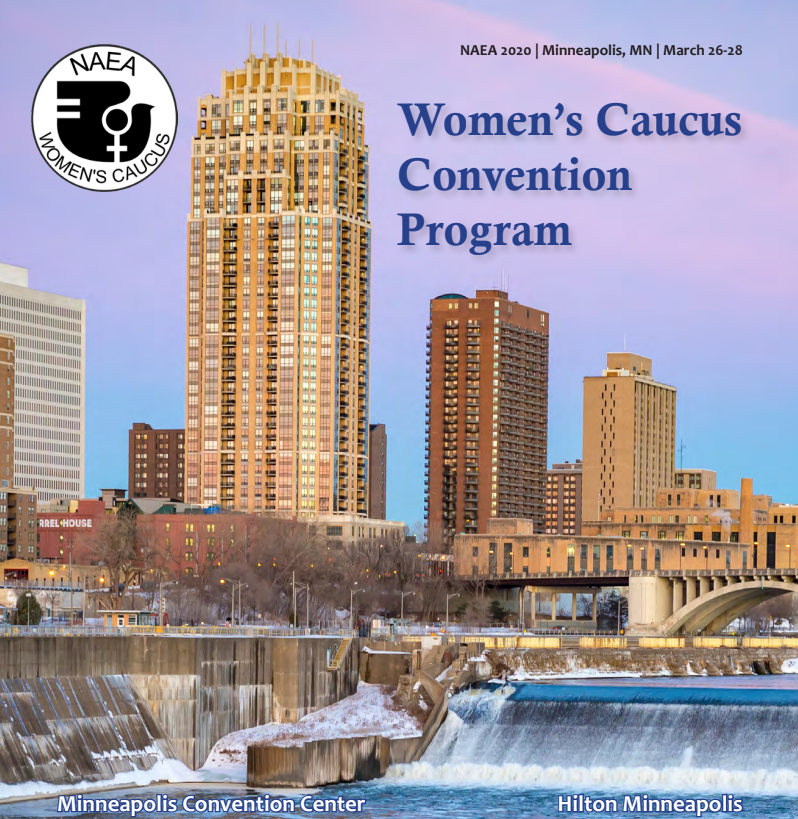 The Minneapolis skyline featuring tall buildings over a river with a small waterfall, with blue and pink sky at sunset. Text overlay promoting the NAEA 2020 Women's Caucus Convention Program in Minneapolis, March 26-28.