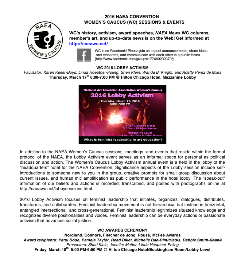 Flyer for the 2016 NEA Women’s Caucus (WC) Sessions and Events, including a lobby activism event at Hilton Chicago Hotel with a focus on feminist leadership in art education, scheduled for March 17, 2016, from 6:00 PM to 7:00 PM, and an awards ceremony on March 18, 2016, from 5:00 PM to 6:50 PM at Hilton Chicago.