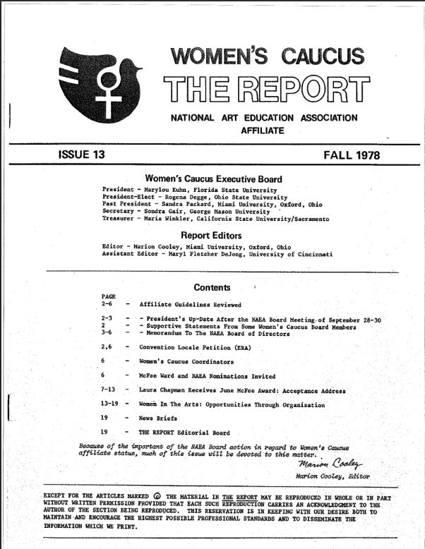 Cover page of 'Women’s Caucus: The Report', Issue 13, Fall 1978, featuring the Women's Caucus Executive Board and contents related to women's advocacy and organization.