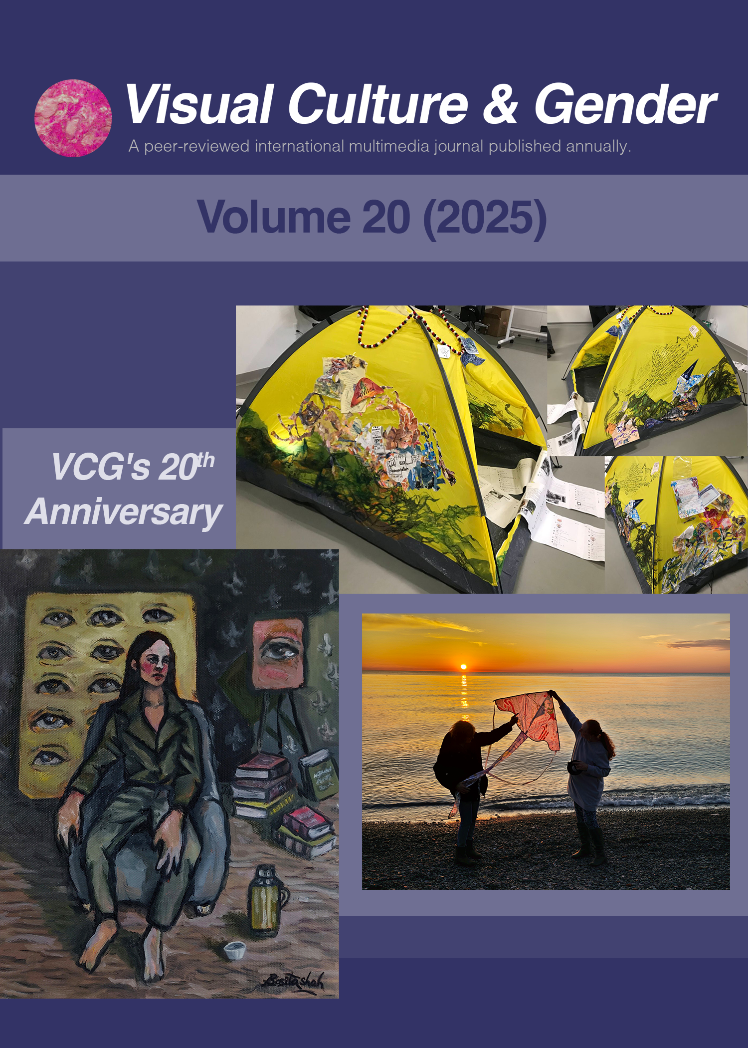 Cover of Visual Culture & Gender journal, Volume 20 (2025), celebrating VCG's 20th anniversary. The cover features an art installation of a yellow tent with abstract, colorful paintings, a painting of a woman surrounded by multiple eyes, and a photograph of two women flying kites on a beach at sunset.
