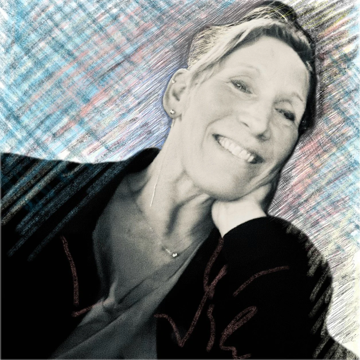 Black and white photo of a woman with a broad smile, lying down with her head resting on her hand. The background has colorful scribbled lines.