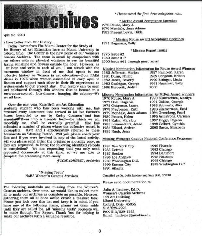 A page from a document listing missing items from the Women's Caucus Archives, including speeches, reports, awards, and conference programs, along with instructions for submitting documentation.