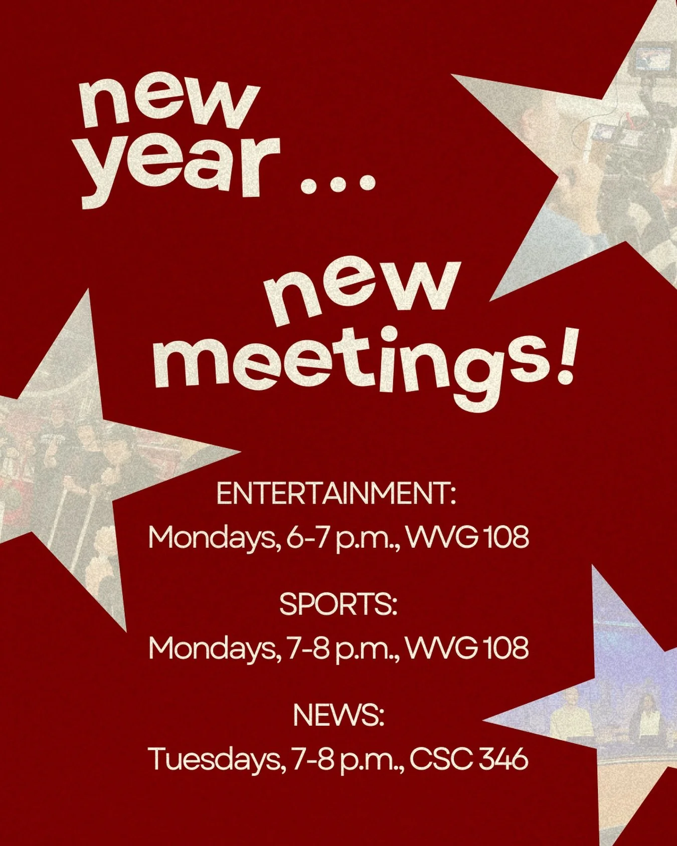 The best part of ringing in the new year? Coming back to our weekly department meetings! Our new meeting times for this semester are&hellip;
🌟 Entertainment: 6-7 p.m. on Mondays in West Village G, room 108
🌟 Sports: 7-8 p.m. on Mondays in West Vill