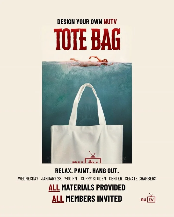 NEXT WEEK NUTV is hosting a tote-bag painting night.
All materials provided (tote bag included)! Bring a friend!

Jan 28, 7 PM
Curry Student Center, Senate Chambers

Bundle up, meet new friends, and leave with a tote! 

#neu #northeastern #nutv