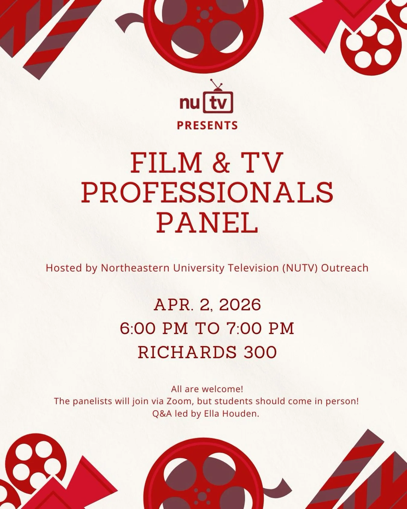 YOU DON&rsquo;T WANT TO MISS THIS EVENT

NUTV is hosting a Film &amp; TV Professionals Panel with real industry creatives talking about how they got started, what it&rsquo;s actually like, and how to break in!

some panelists include: professional do