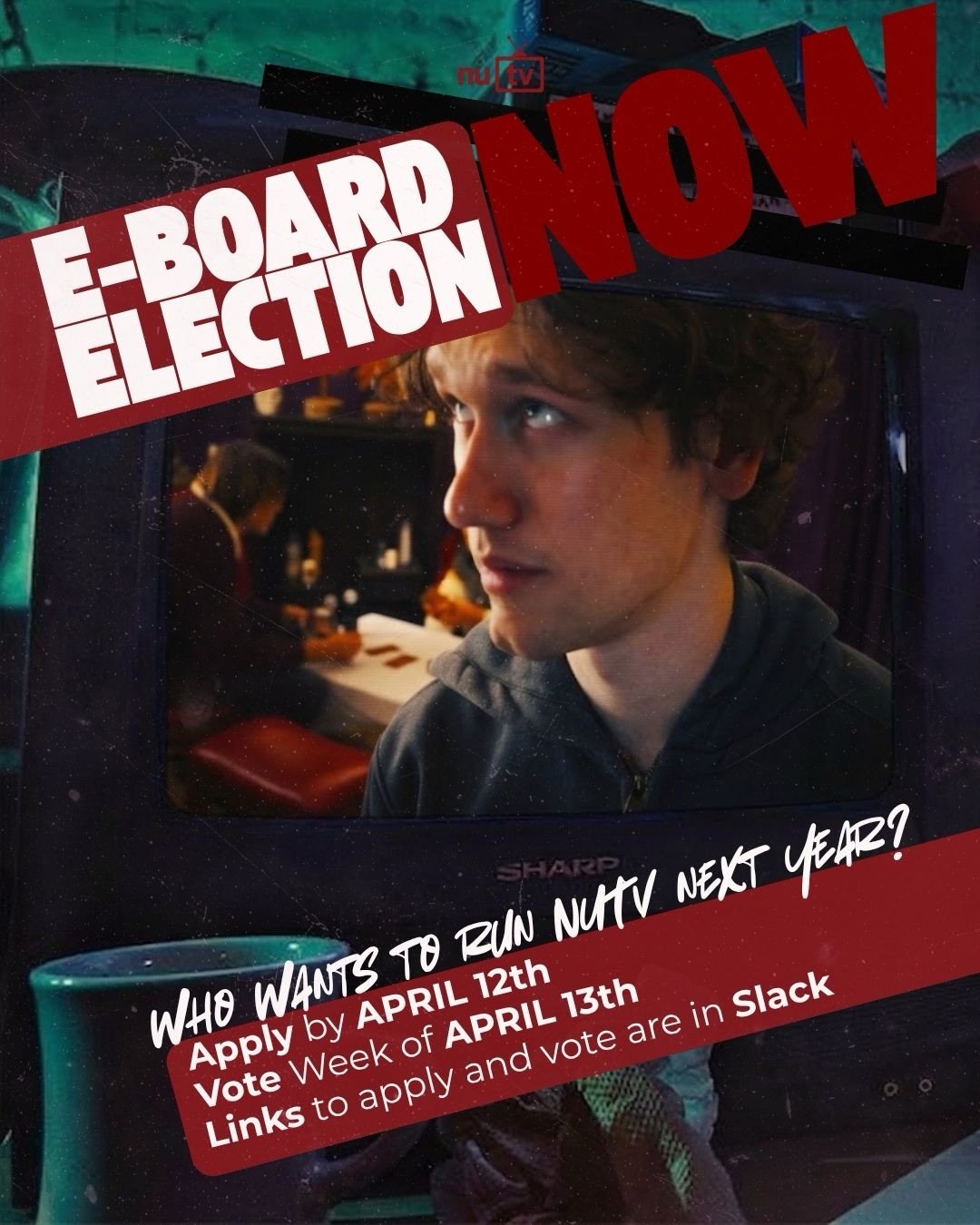 🗣️NUTV E-BOARD APPLICATIONS ARE OPEN

We&rsquo;re looking for the next team to lead, create, and shape what this club becomes!

🗳️Apply by April 12
📅Voting takes place during the week of April 13
🔗(LINK FOR SLACK IN BIO)

Positions open: 
Preside
