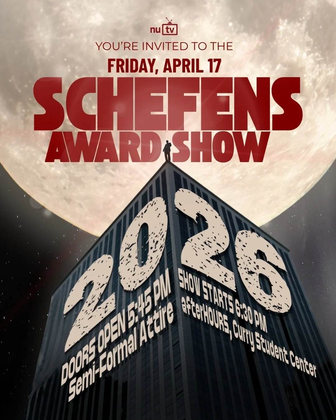 YOU&rsquo;RE INVITED to the biggest night of NUTV! 

Join us for the bi-annual Schefen&rsquo;s Award Show on Friday, April 17 where we put on skits, present awards, and celebrate all of your hard work from this year!

&hellip;..can you guess this yea