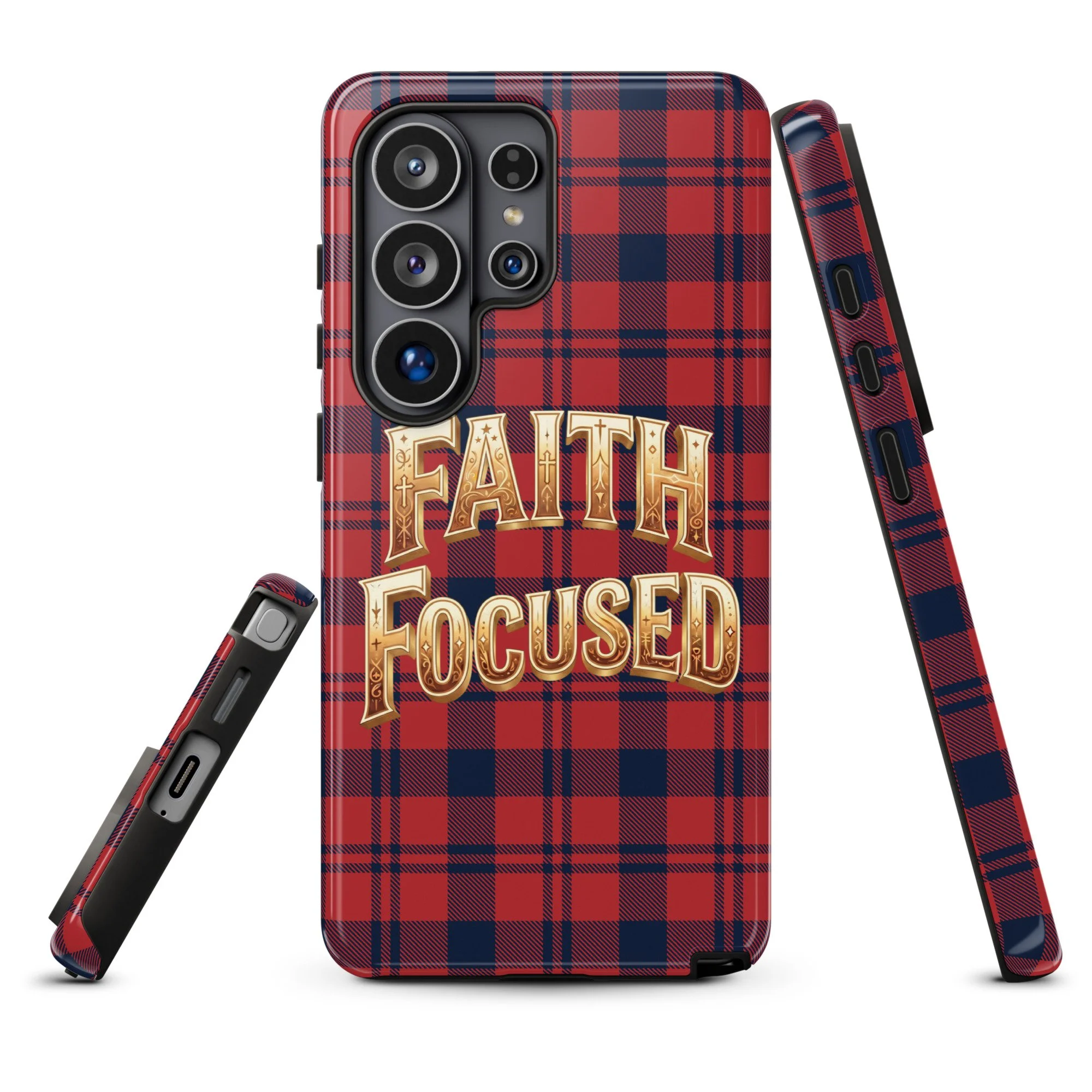 A smartphone with a red and blue plaid case and matching strap, displaying the words "FAITH FOCUSED" in gold lettering.