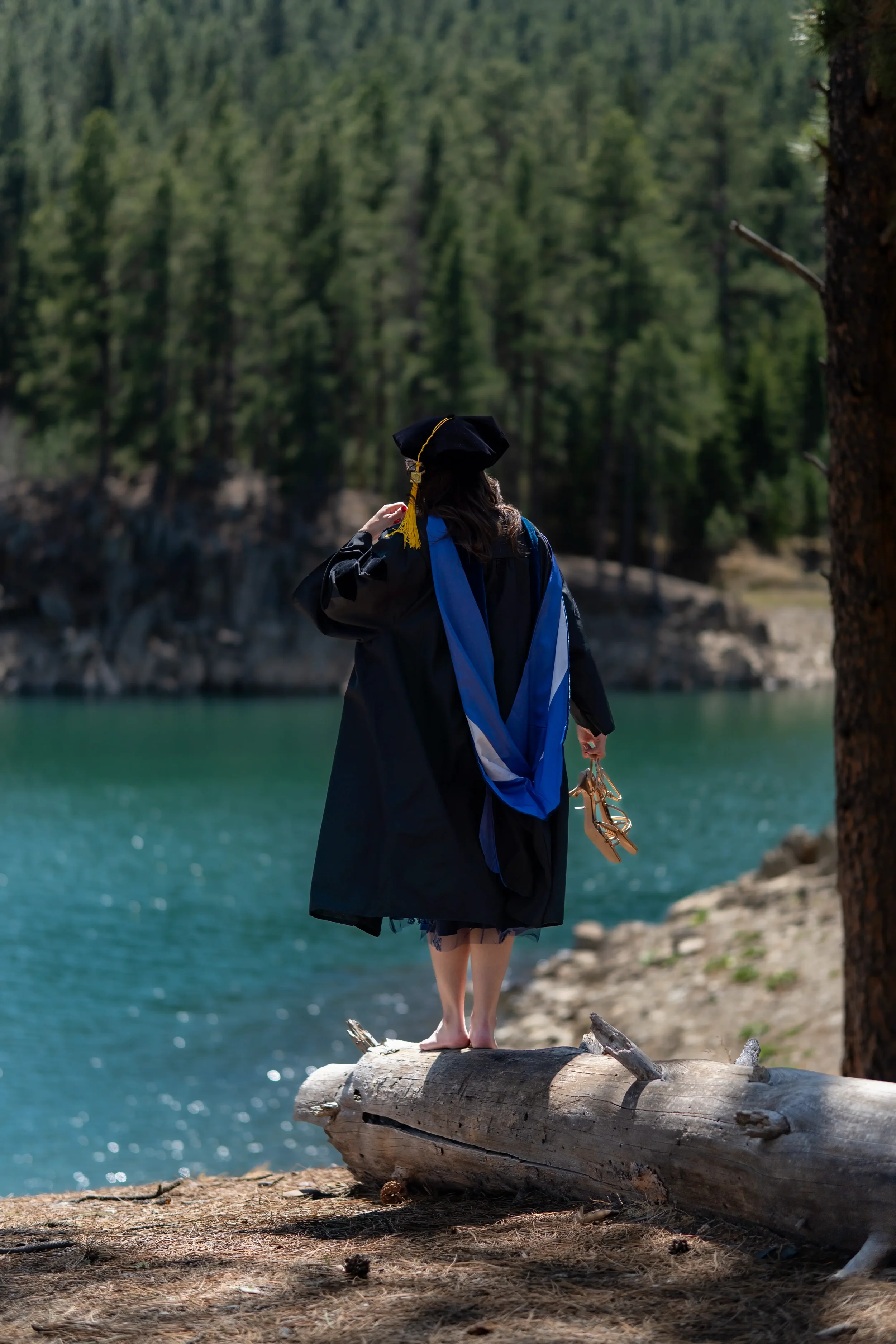 A woman dressed in graduation regalia, including a cap with a yellow tassel and gown, stands on a fallen log overlooking a body of water in a forested area.