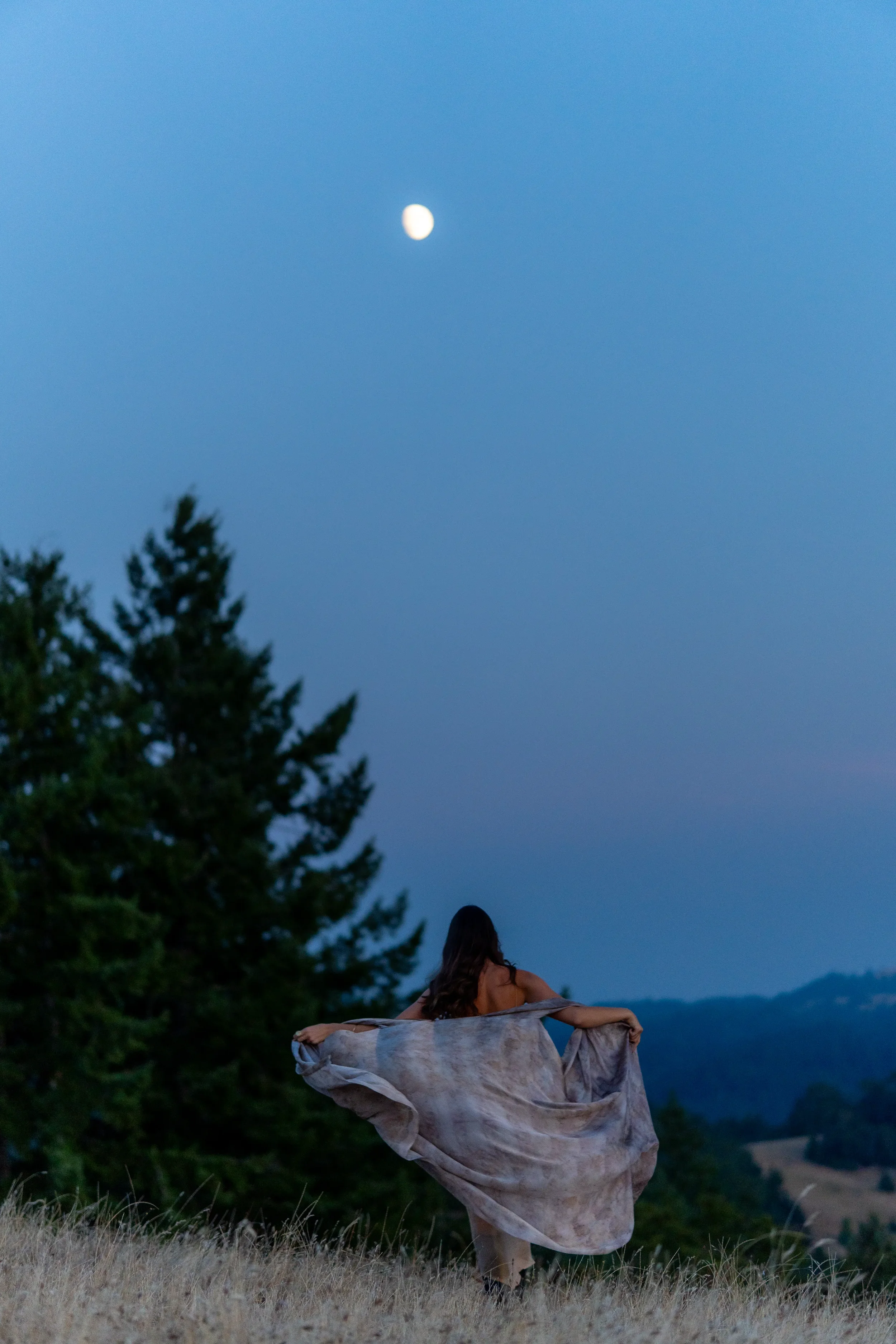 A woman standing outdoors in a field at dusk, holding a flowing fabric that billows around her, with trees to her left and a clear sky with the moon visible in the background.