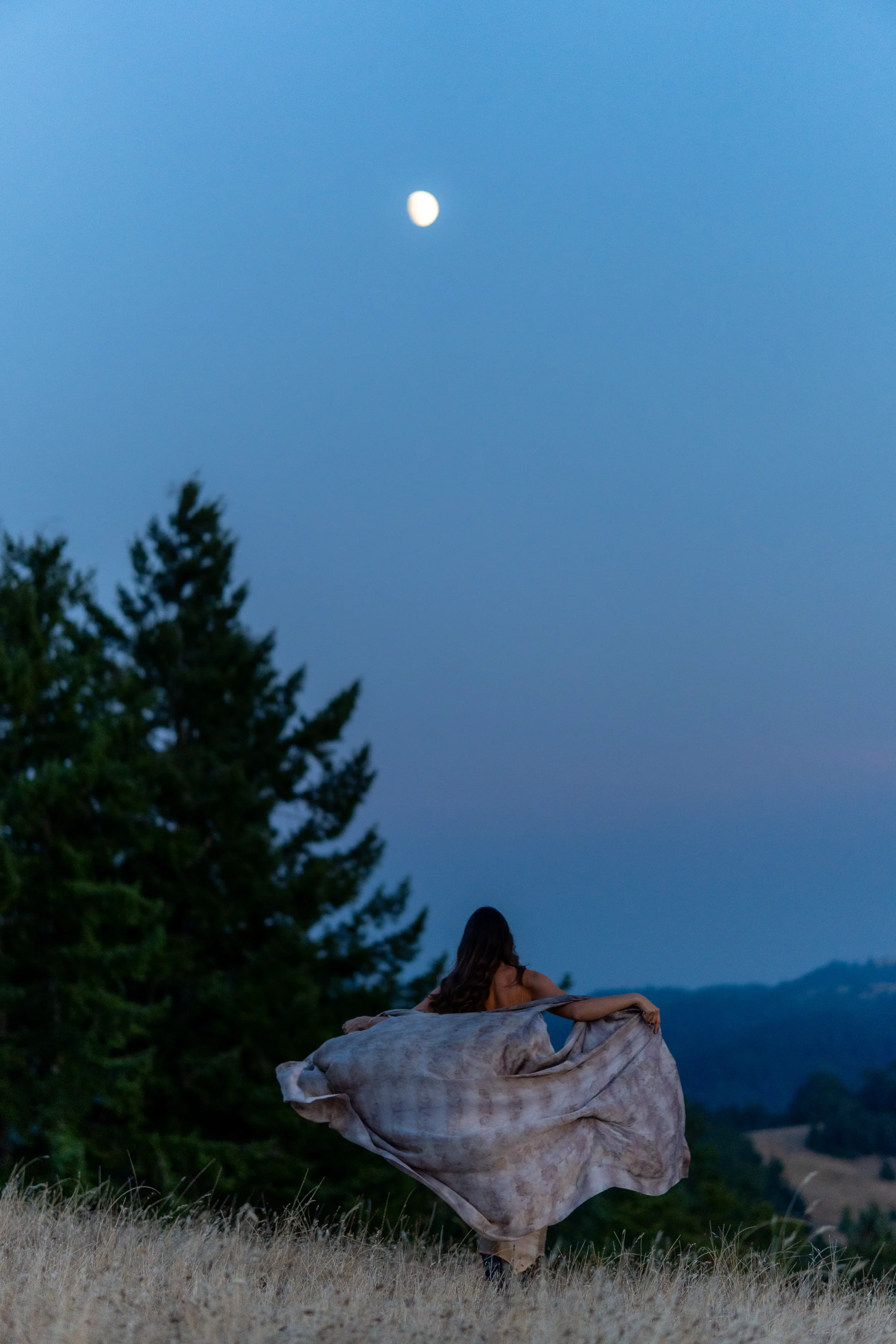 A woman is walking away from the camera in a grassy field, holding a flowing fabric dress. There are trees on the left side and a village or town in the distance, with mountains in the background. The sky is partly cloudy with the moon visible.