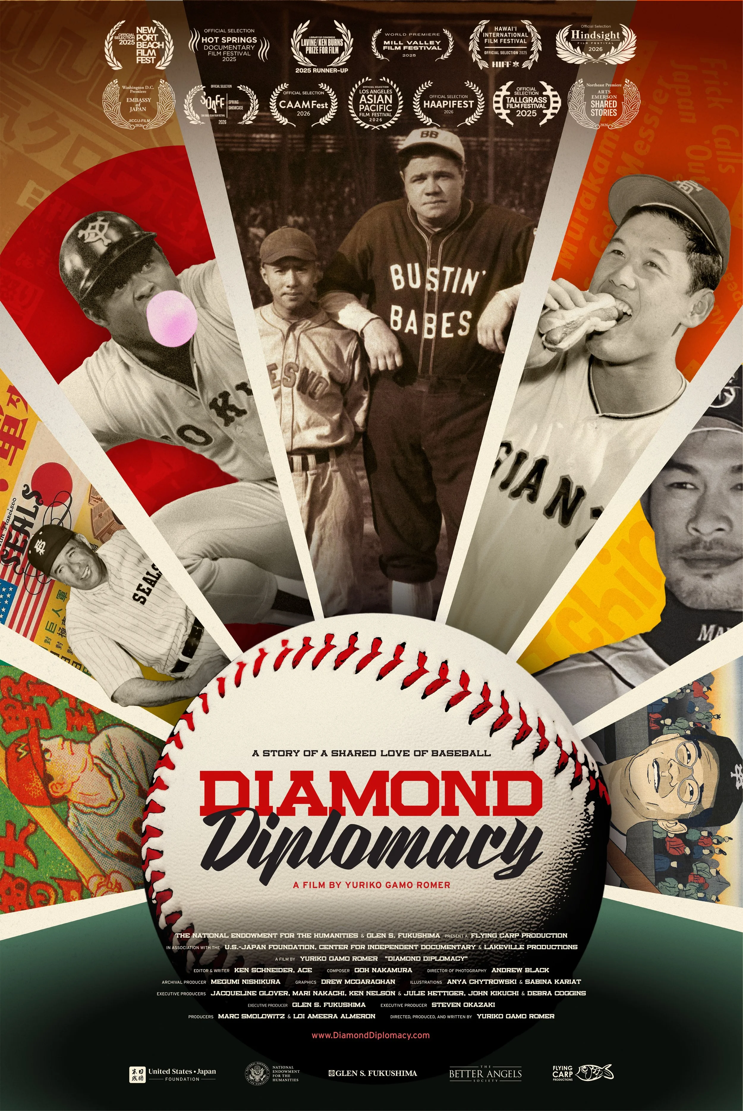Poster for the documentary film "Diamond Diplomacy" featuring black and white photos of Asian baseball players and a baseball. The title "Diamond Diplomacy" is prominent, along with logos of film festivals and production credits.
