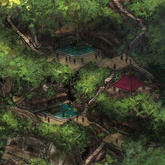 Cloudview Retreat - magical bark-beds hold water and serve as pools for the wealthy to relax in.