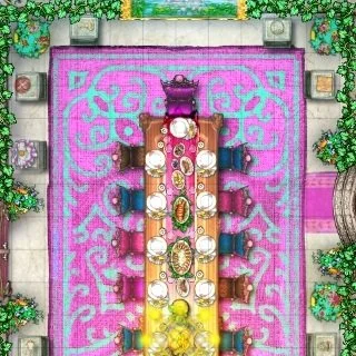 mismatched chairs and numerous trinkets on display add charm to this dining hall!