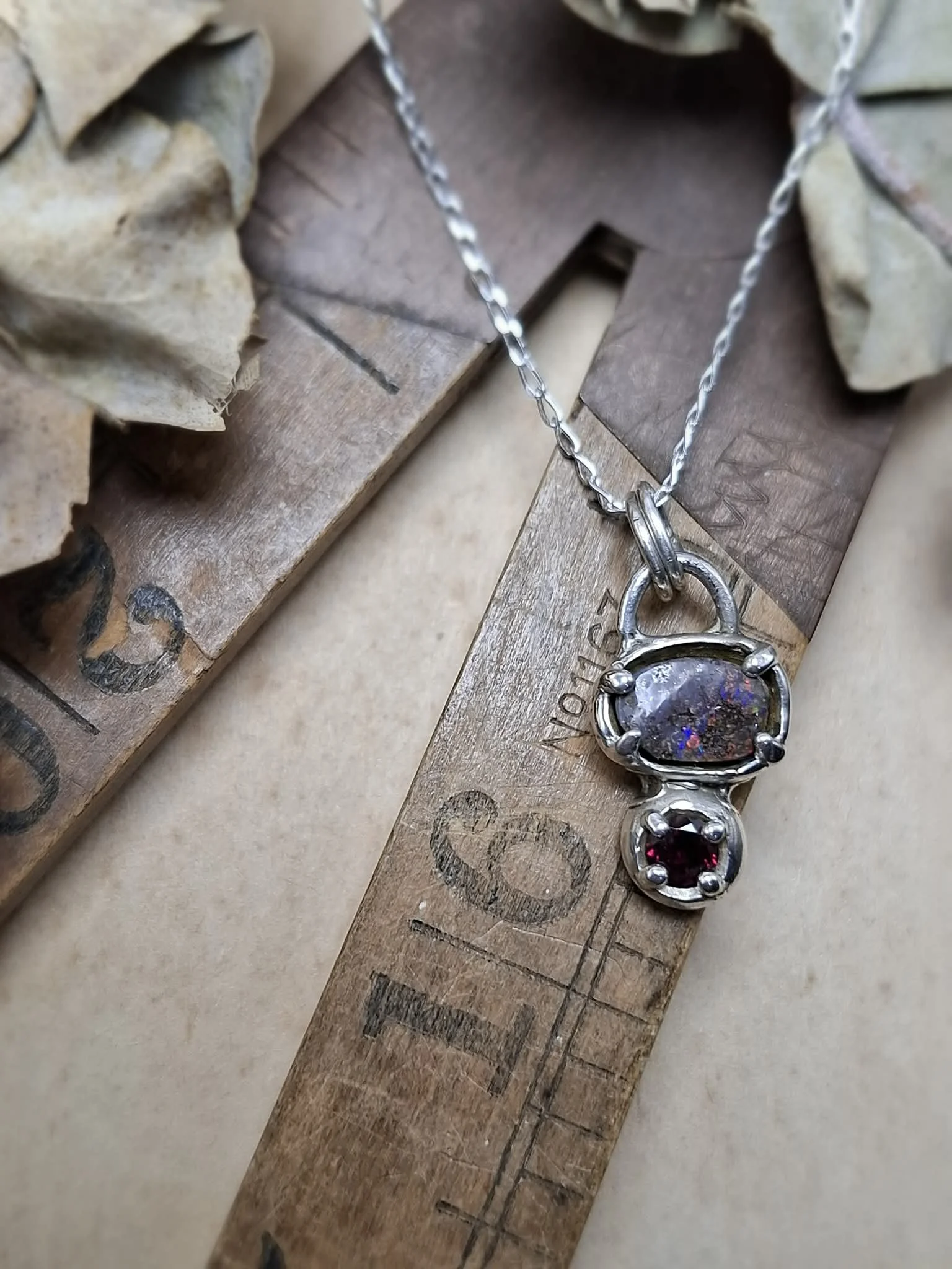 Australian Boulder Opal & Natural Rhodolite Garnet Pendant