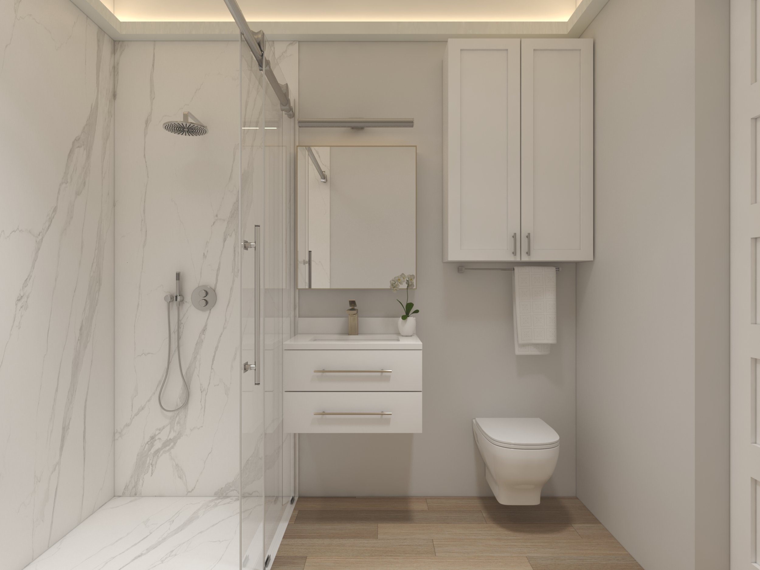 Backyard ADU Modern bathroom with a walk-in shower, white vanity with drawers, wall-mounted toilet, and cabinet. Marble walls and wooden flooring.