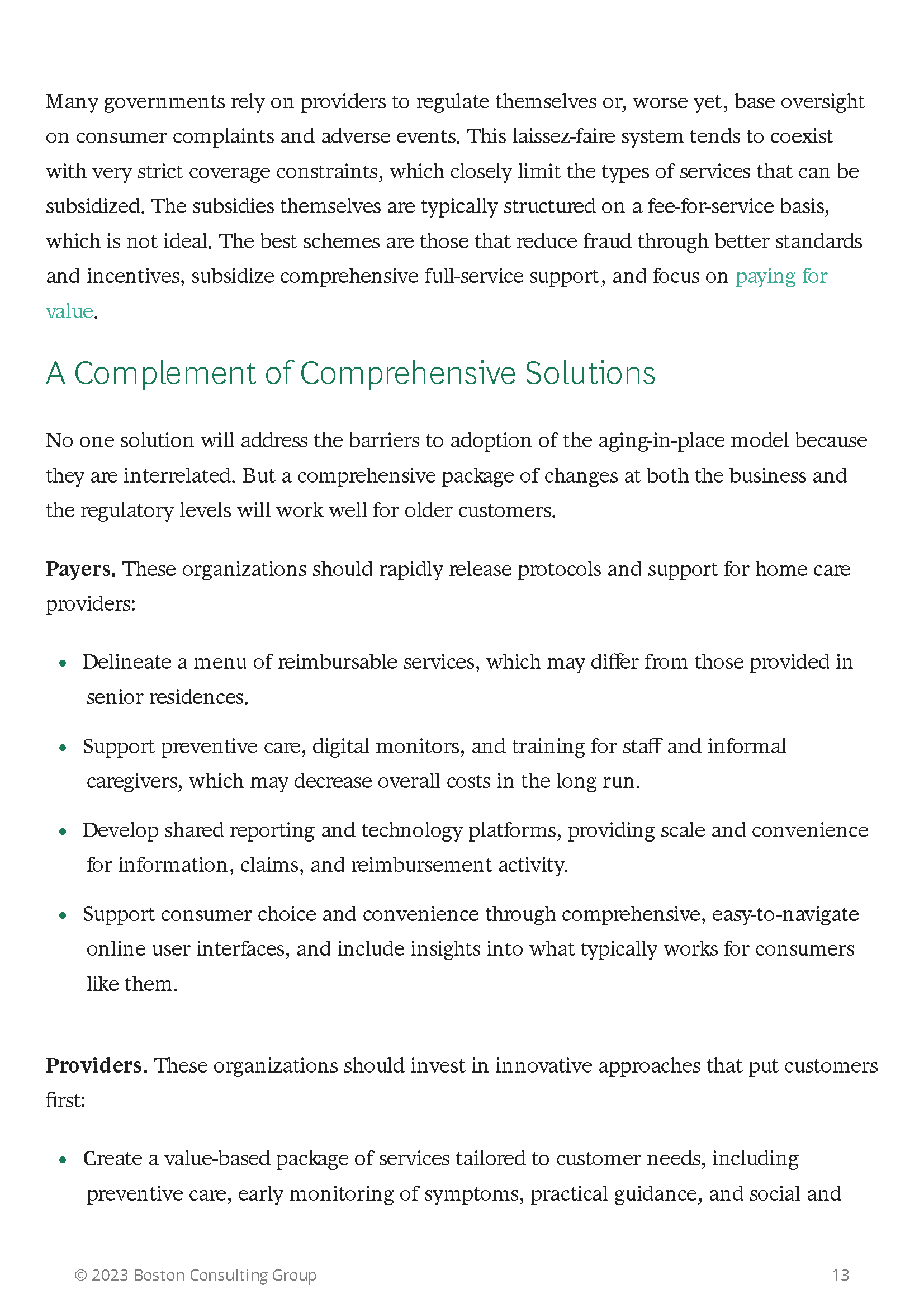 Text discussing challenges in aging-in-place models and potential solutions. It outlines roles for payers and providers to improve elder care through protocols, preventive care, technology platforms, and consumer-friendly services. Suggestions includ
