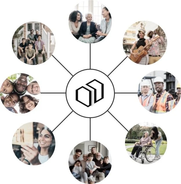 Diverse group of community members connected to central theme