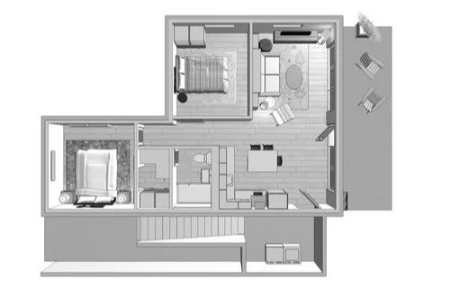 Architectural floor plan showing ADU living room, bedroom, bathroom, and dining area layout with furniture placement.