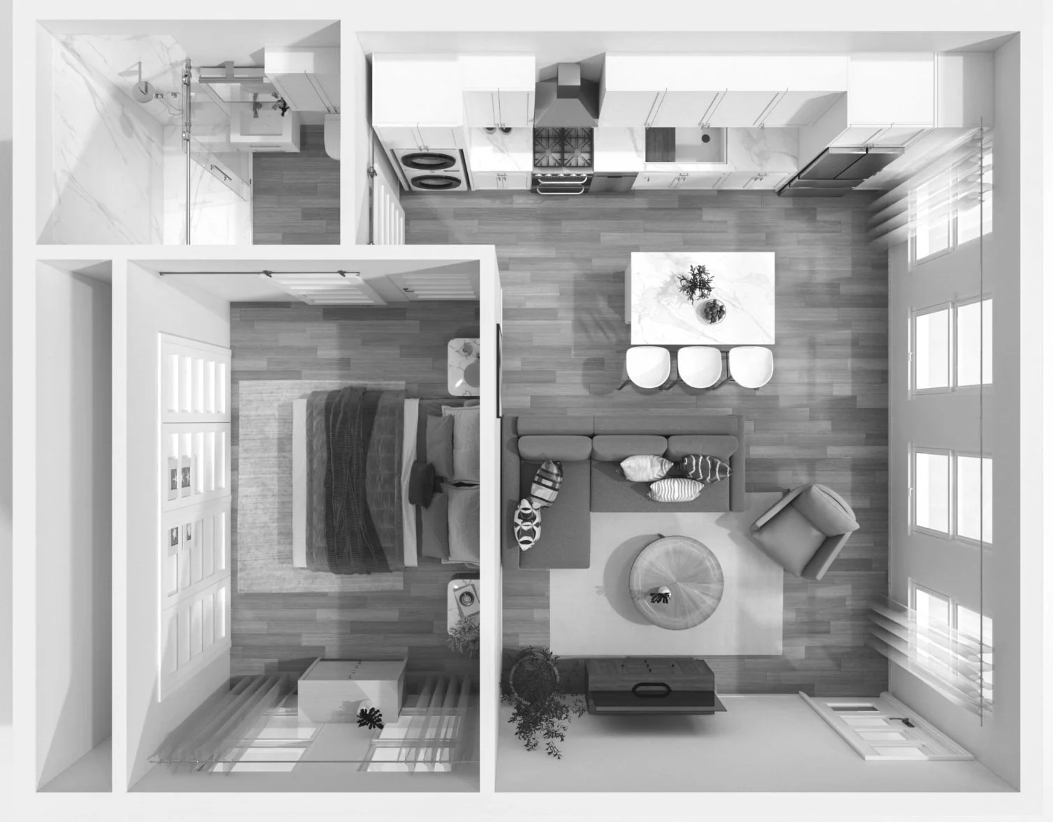 Top view of a modern one-bedroom ADU Backyard ADU layout with open kitchen, living room, bedroom, and bathroom.