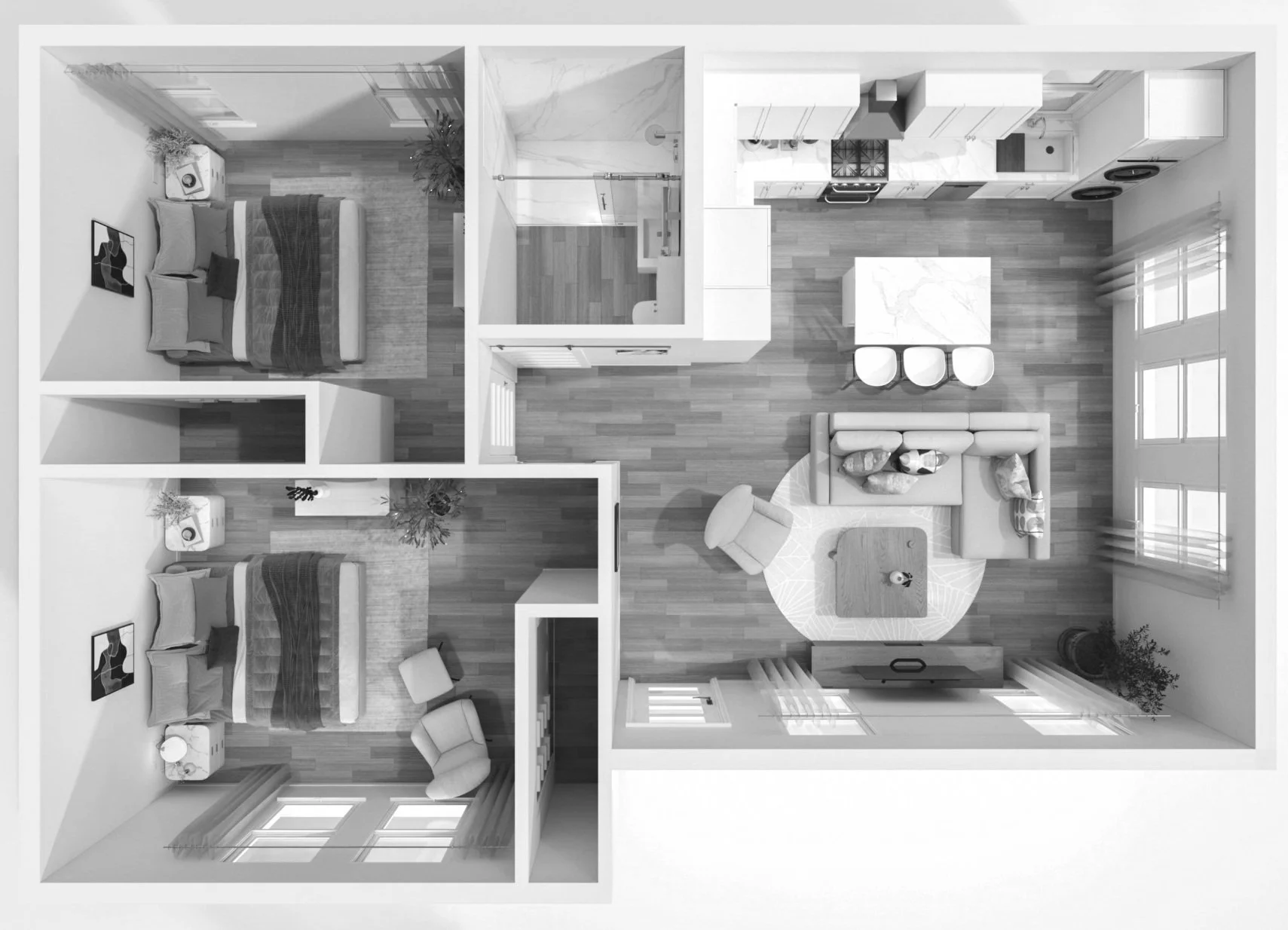Black and white 3D floor plan of a modern Backyard ADU with two bedrooms, a bathroom, a kitchen, and a living room.