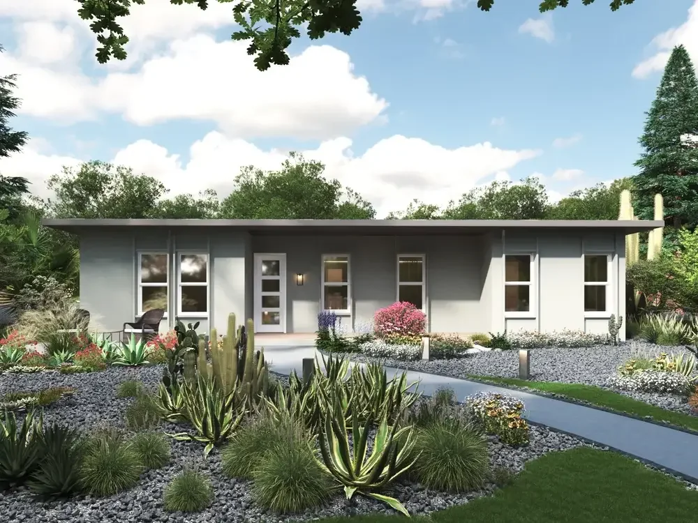 Rendering of Modern 1000 sf and 1200 sf backyard ADU with 3 bedrooms and two bathrooms, flat roof and desert landscaping