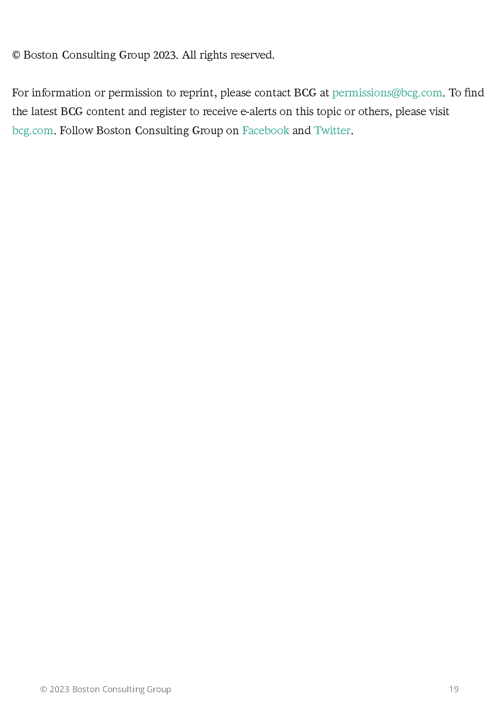 Copyright and contact information by Boston Consulting Group, including email permissions@bcg.com and website bcg.com, with links to Facebook and Twitter.