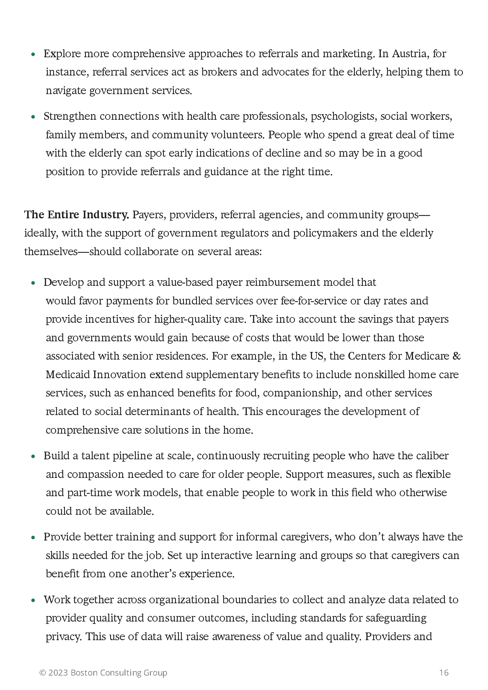 Text from a Boston Consulting Group presentation discussing health care strategies for the elderly, focusing on collaboration among payers, providers, and agencies to enhance referrals, develop bundled service payment models, build a talent pipeline,
