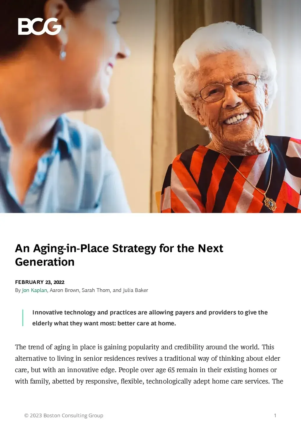 Elderly woman smiling at a younger woman, adjacent to a text titled 'An Aging-in-Place Strategy for the Next Generation', dated February 23, 2022, by several authors from Boston Consulting Group (BCG)."