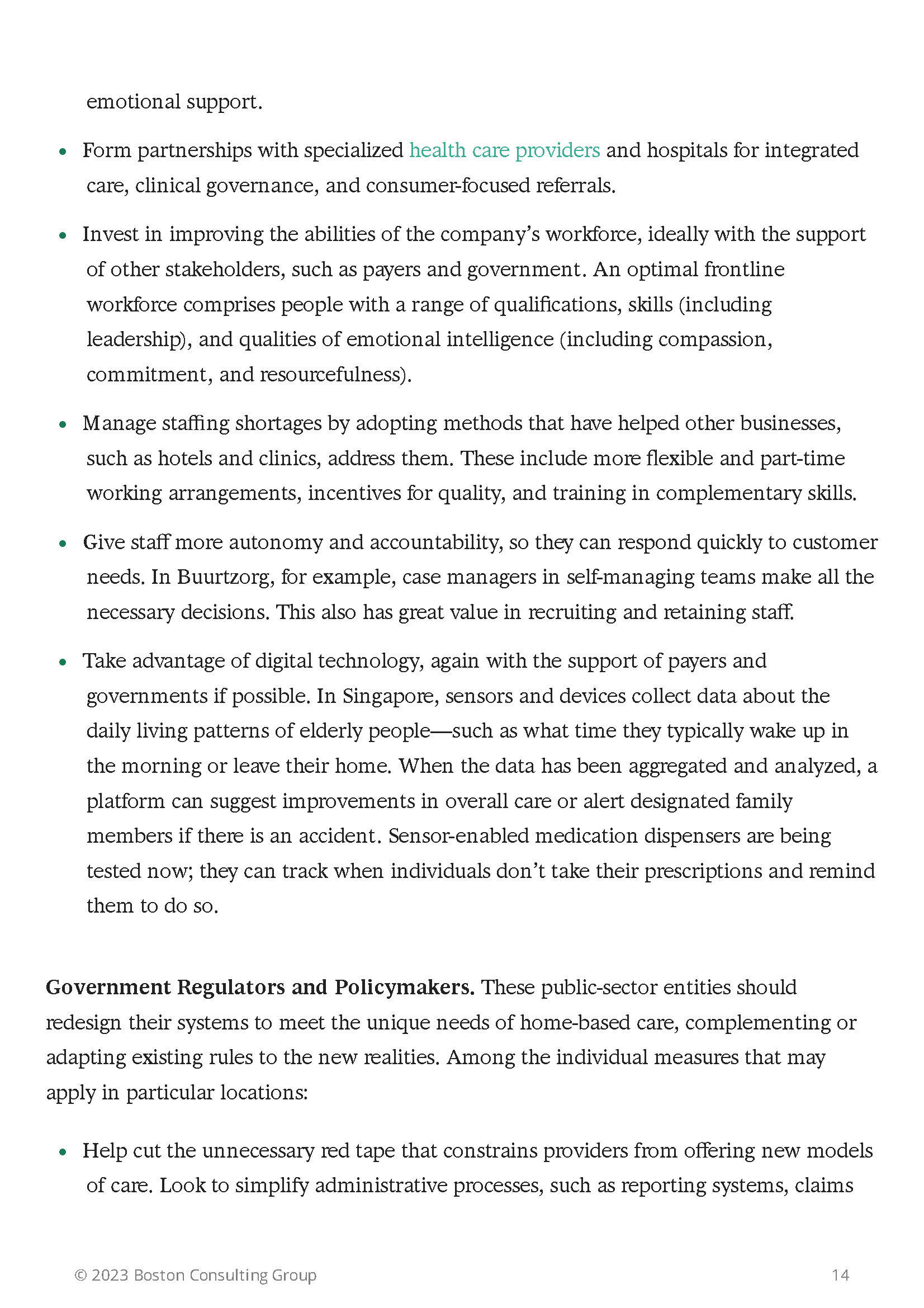 Page from Boston Consulting Group report outlining strategies for improving healthcare. Bullet points include forming partnerships with healthcare providers, investing in workforce skills, managing staffing shortages, granting staff autonomy, utilizi