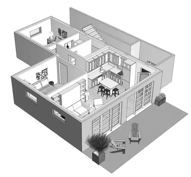 ADU builder Bay Area backyard home floor plan with bedroom and kitchen
