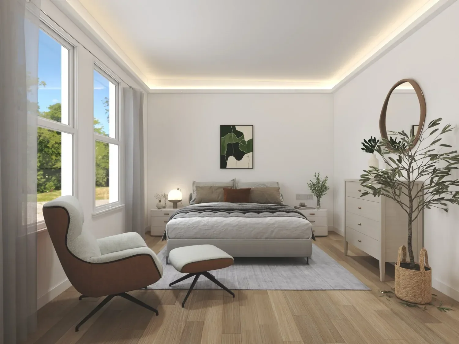 Backyard ADU Modern bedroom with a bed, armchair, ottoman, nightstands, large windows, dresser, wall art, and potted plant.