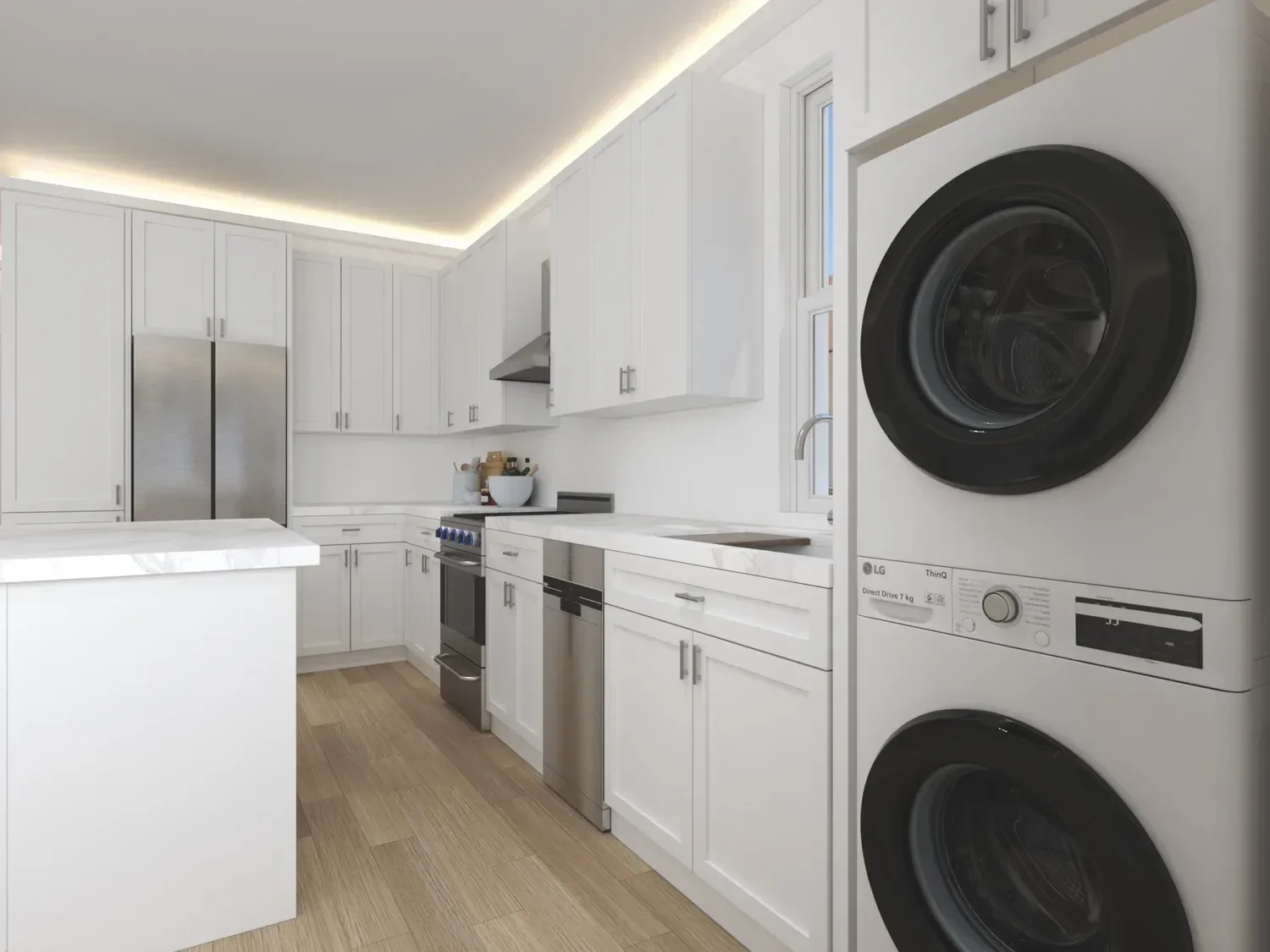 Backyard ADU Modern kitchen with white cabinetry, stainless steel appliances, and a stacked washer and dryer.
