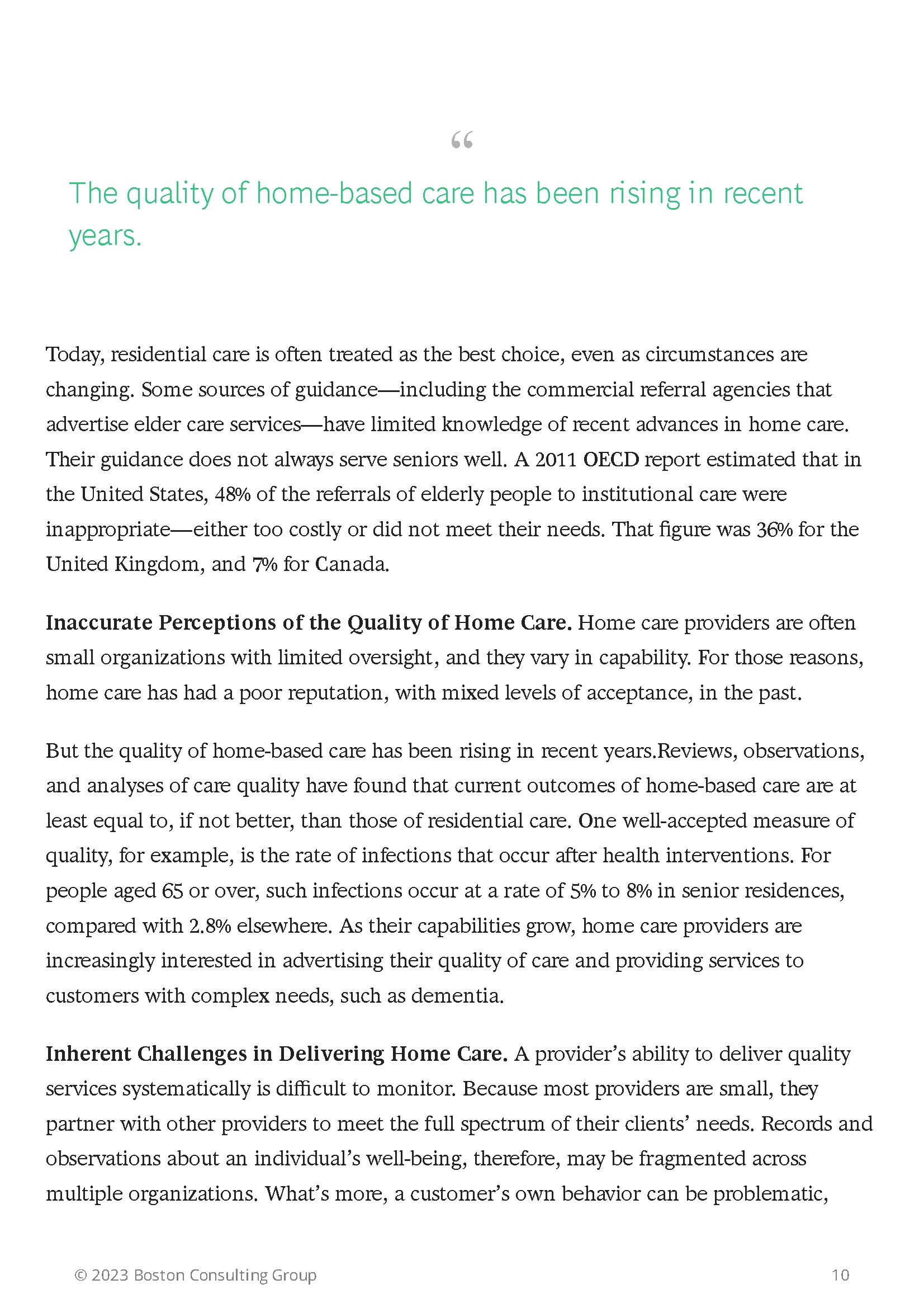 Text about the rising quality of home-based care and challenges in its delivery, with data on infection rates and perceptions. © 2023 Boston Consulting Group