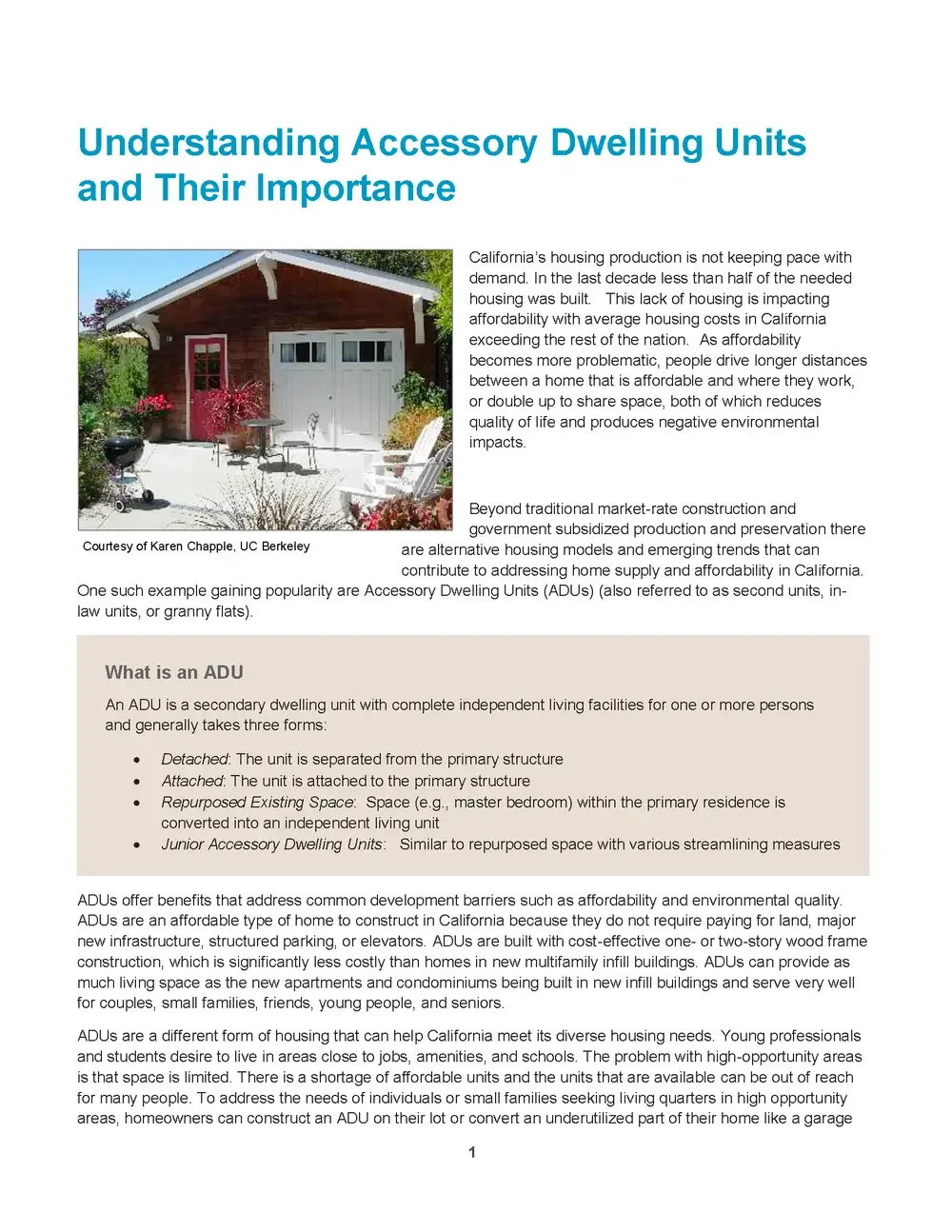 Document about Accessory Dwelling Units in California, featuring a photo of a small house and text discussing housing issues and ADU benefits.